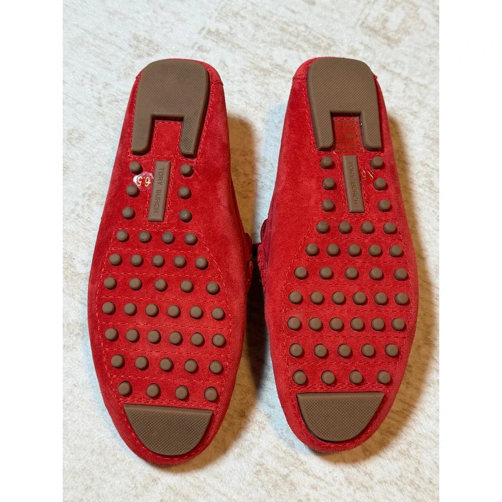 Tory Burch Red Suede Kiltie Fringe Driving Loafers Gold Logo Buckle Flats 6.5